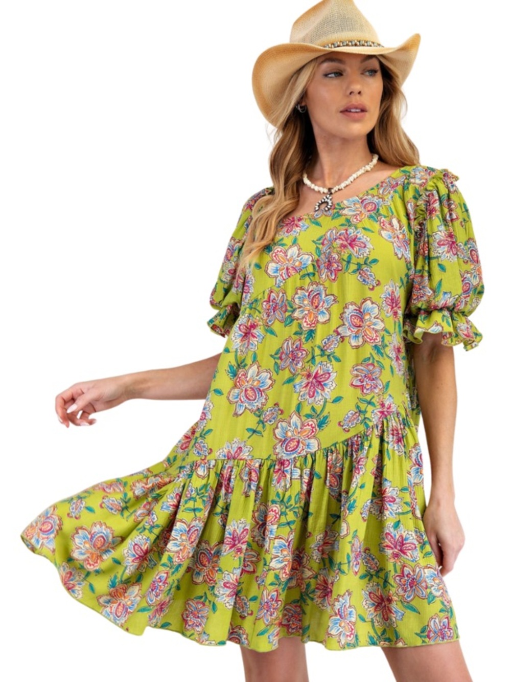 Easel Lime Blossom Babydoll Bubble Dress Puff Sleeve size Large